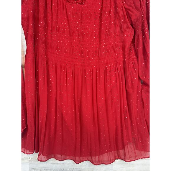 Sunny Leigh Women’s XL Red Sheer Blouse Gold Dot Smocked Peasant Top - Picture 4 of 9